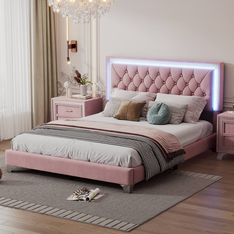 Queen Size Upholstered Bed Frame with LED Lights