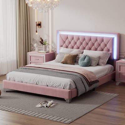 Queen Size Velvet Platform Bed with LED Lights And Tufted Headboard