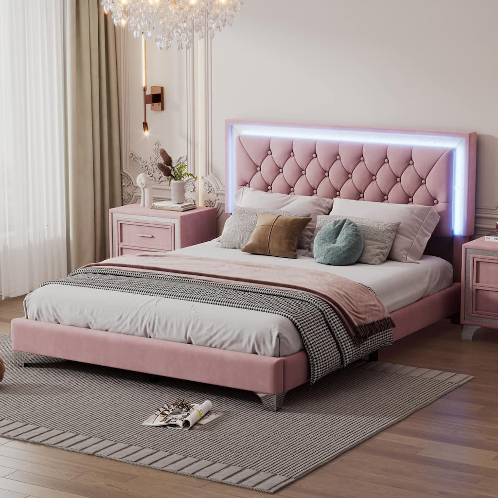 Queen Size Velvet Platform Bed with LED Lights And Tufted Headboard