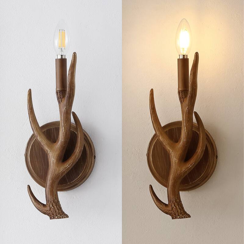 Oakley 5.5" 1-Light Southwestern Bohemian Resin/Iron Faux Antler LED Sconce, Brown Wood Finish (Set of 2) by JONATHAN Y