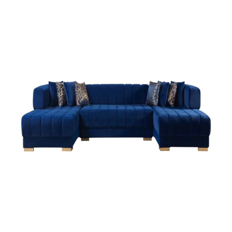 HomeRoots Blue Velvet U Shaped Three Piece Sofa and Chaise Sectional With Toss Pillows