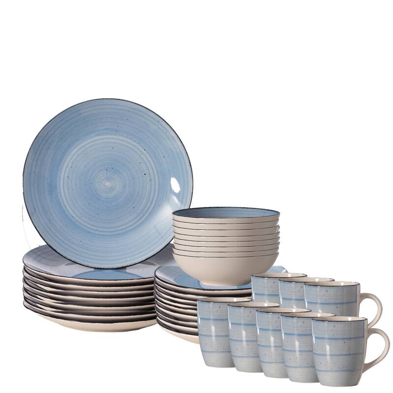 Dinewares Spin Wash Dinnerware Dish Set, Mugs, Salad and Dinner Plates and Bowls Sets, High Quality Dishes - Blue - Service for 8 - 32 Piece