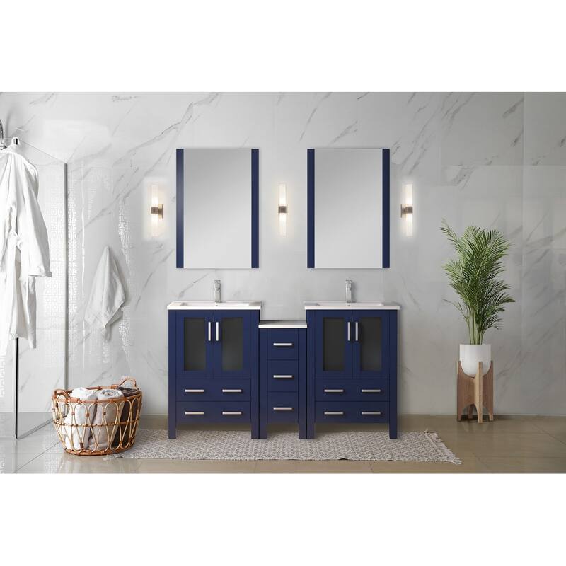 Volez Double Bath Vanity with Side Cabinet, Faucet Set, White Ceramic Top and Mirrors