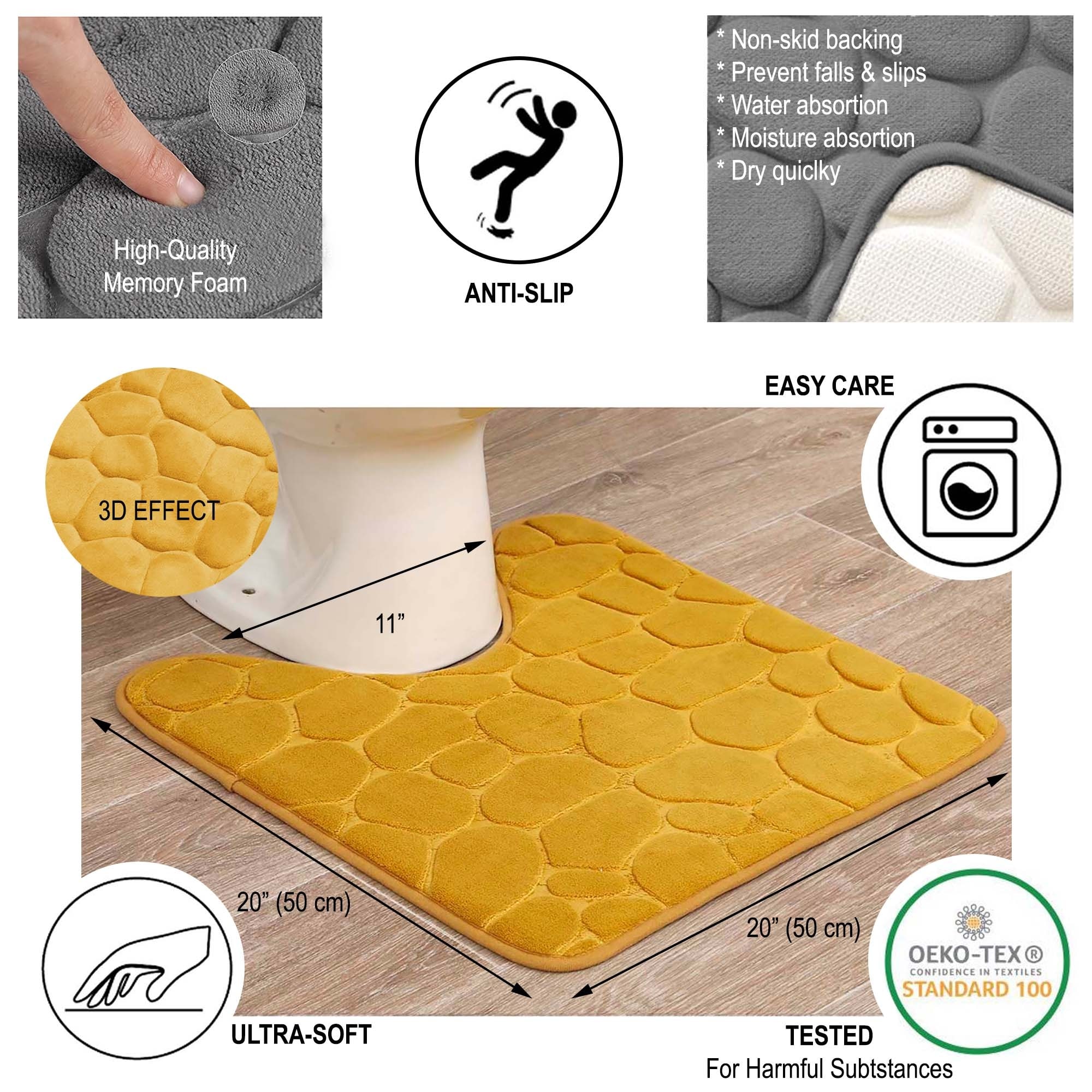 Evideco Bath Rug Memory Foam Mat 3D Pebble Yellow Mustard 32L x 20W