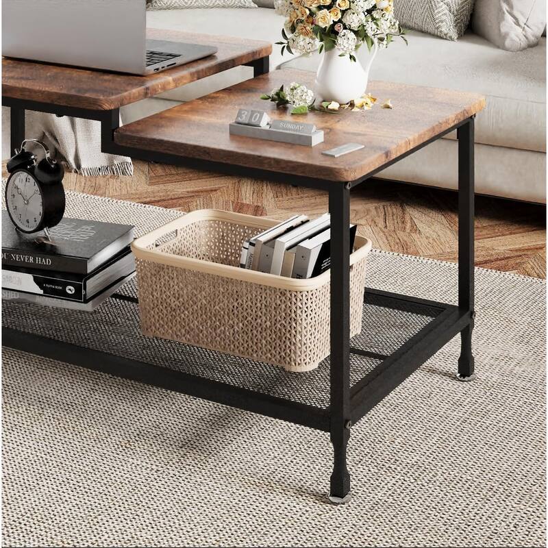 Coffee Table 2-Tier Center Table with Mesh Shelf Rectangle Storage