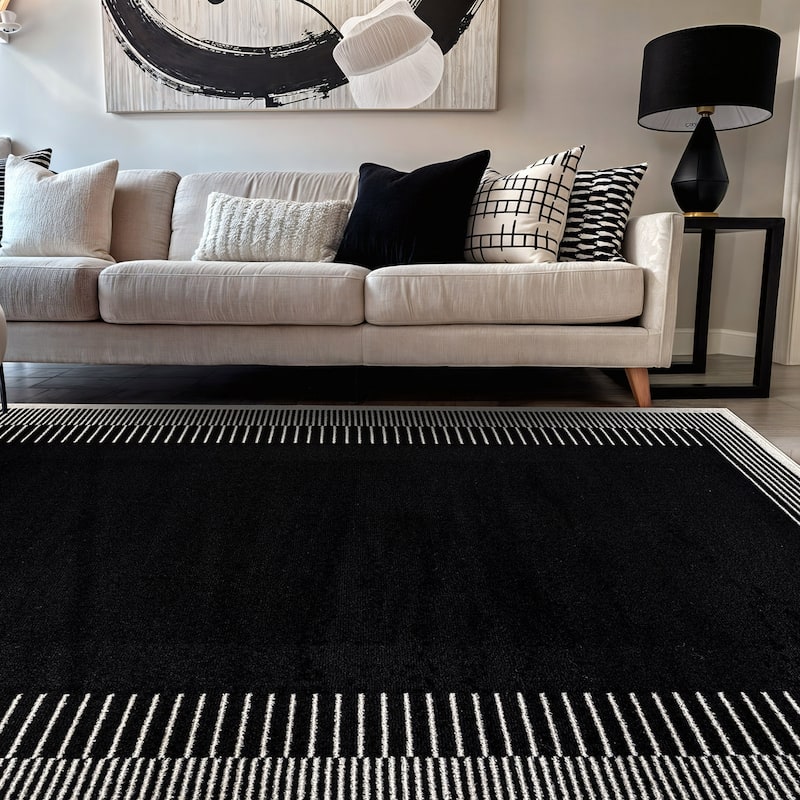 World Rug Gallery Modern Abstract Bordered Area Rug for Living Room, Bedroom, or Entryway - Low Pile Indoor Rug - Black - Rectangle - 5' x 7'