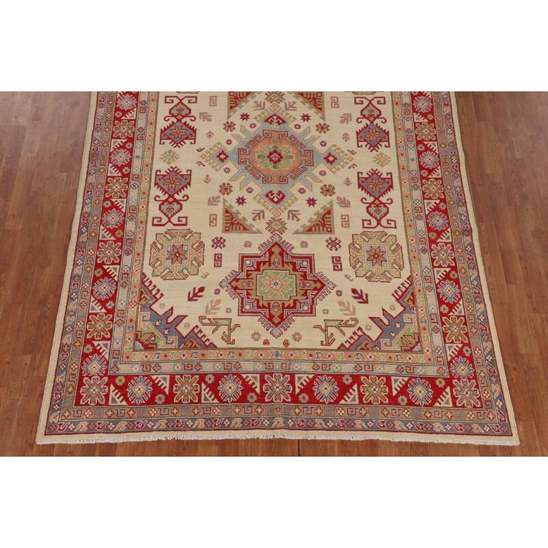 Oriental / Geometric Kazak Area Rug Hand-Knotted Wool Carpet - 6'6" x 9'8"