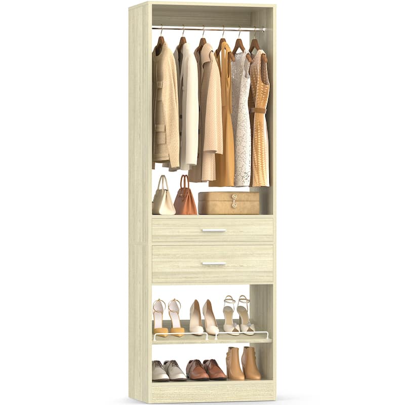 25'' W Freestanding Closet System with 2 Wooden Drawers and Adjustable Shoes Rack and Hanging Rod,Walk-in Closet Organizer - White Oak - Set of 1