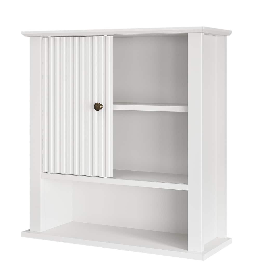 Modern White Medicine Cabinet with Fluted Silding Door & Adjustable Shelves - N/A