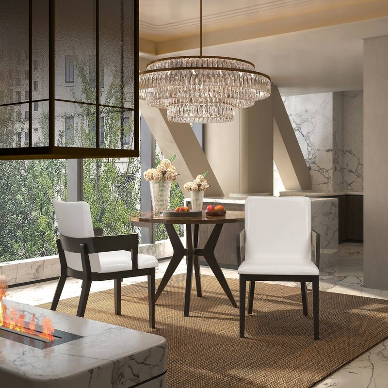 Faux Leather Glossy Dining Chair Set of 2 Wood Frame Dining Chair with Armrests, High Back Upholstered Chair for Kitchen - Black White