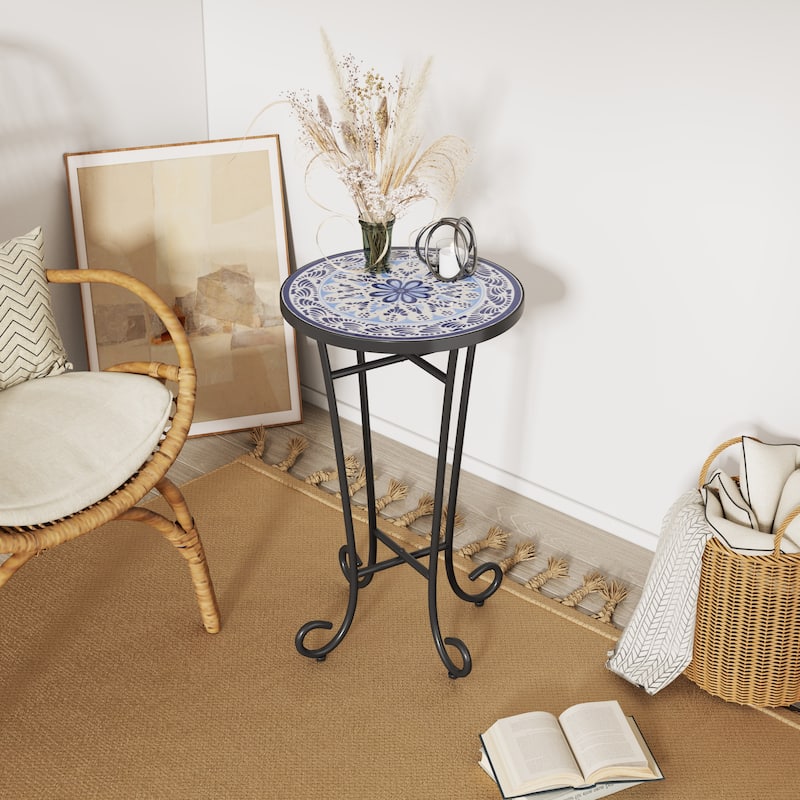 Roomfitters Mosaic Outdoor Patio Side Table with Ceramic Tile Top and Curvy Legs, Colorful