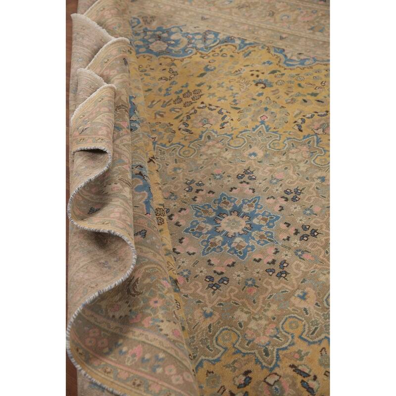 Hand Knotted Oriental 100% Wool Carpet Traditional Floral Yellow & Gold Mashad Area Rug - 12' 6'' X 9' 7''