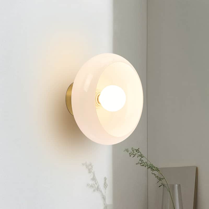 10.4" Modern Bowl-Shaped with Brown/Milk White Glass Shade Wall Sconce/Semi-Flush Ceiling Light for Hallways, Bedroom - White
