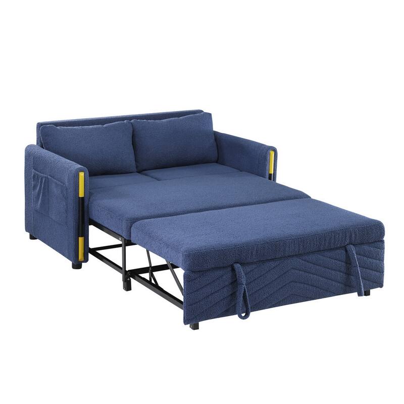 Pcy 56 Inch Sleeper Loveseat with Side Pockets, Blue Teddy Velvet, Wood