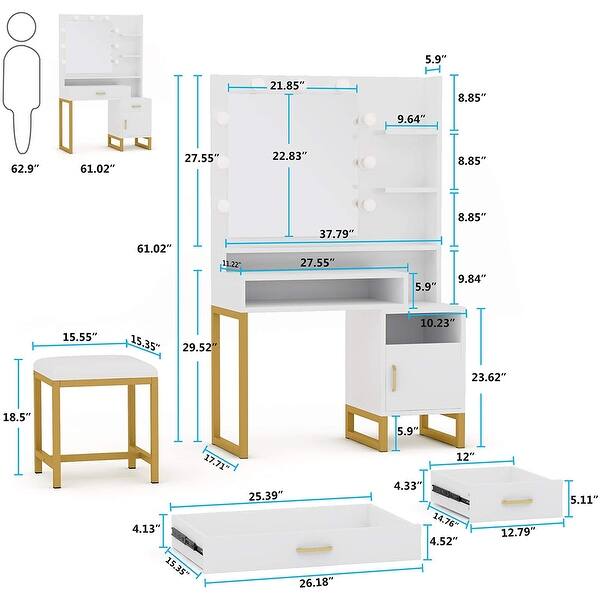Makeup Vanity Table Set with Large Lighted Mirror, Drawers and Stool