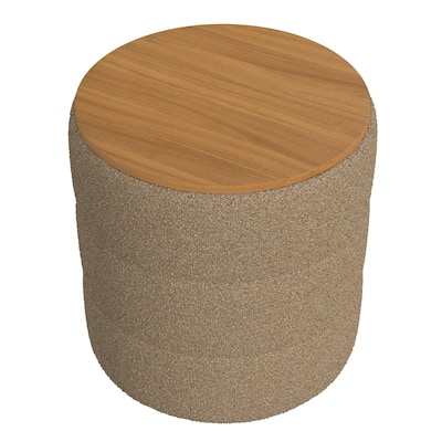 Mona Storage Ottoman, 19 Inch Round Lift Top, Channeled Brown Boucle
