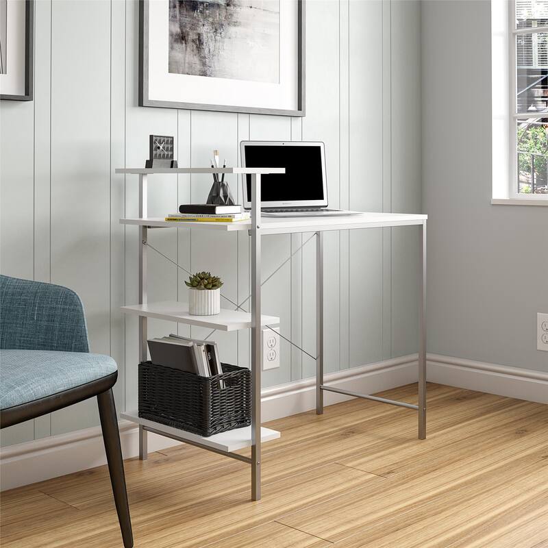 Roomfitters Side Storage Student Desk with Metal Frame and Open Shelves, White