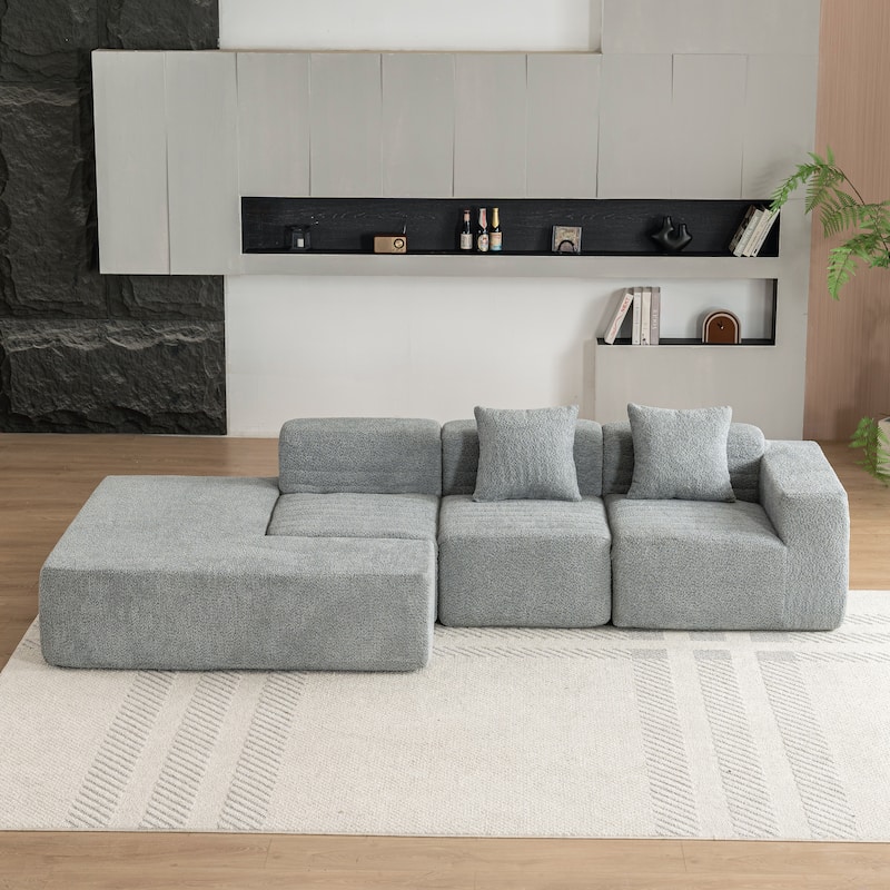 Grey 116.5" Versatile 4-Seater Sectional Sofa with Customizable 4-Piece Design in Ultra-Soft Boucle Fabric and Two Back Cushions