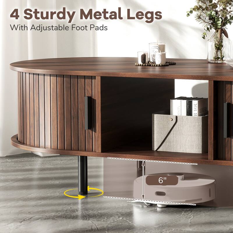 48" Modern Walnut Coffee Table with Fluted Sliding Doors and Open Storage Shelf Metal Frame - 48" x 24" x 16"