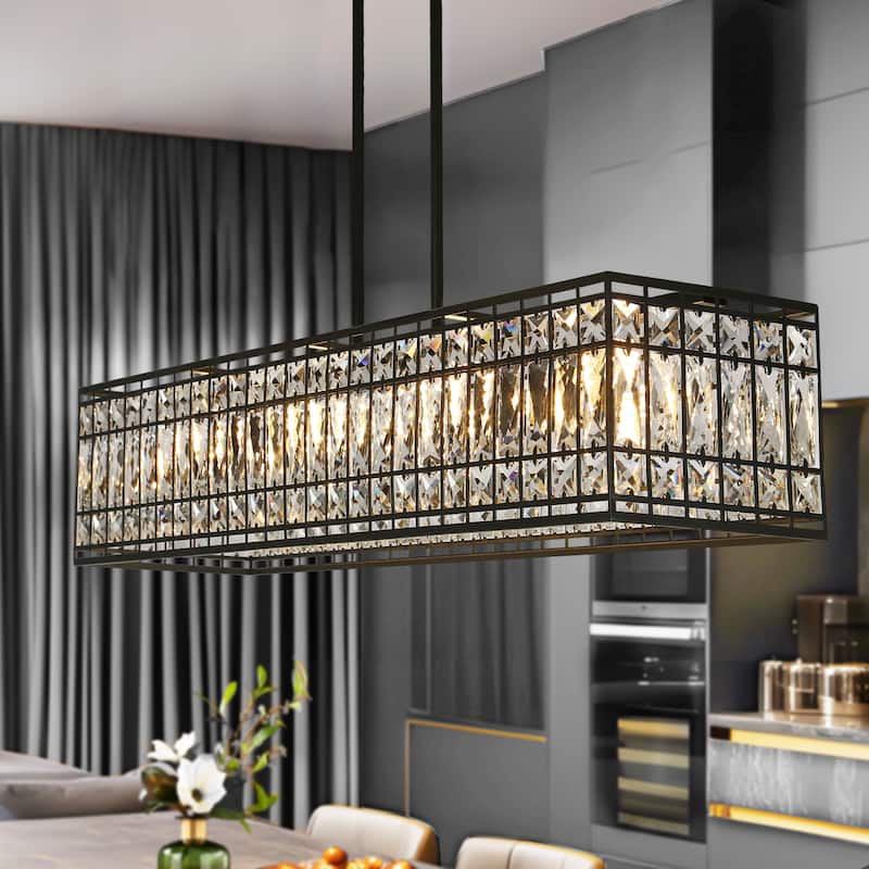 Modern 4-Light Crystal Chandelier Black Rectangle Kitchen Island Lights - L35.4" x W8.9" x H71.2" Max