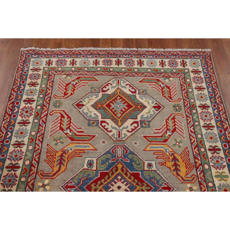 Geometric Brown Kazak Oriental Area Rug Handmade Wool Carpet - 4'0" x 5'10"