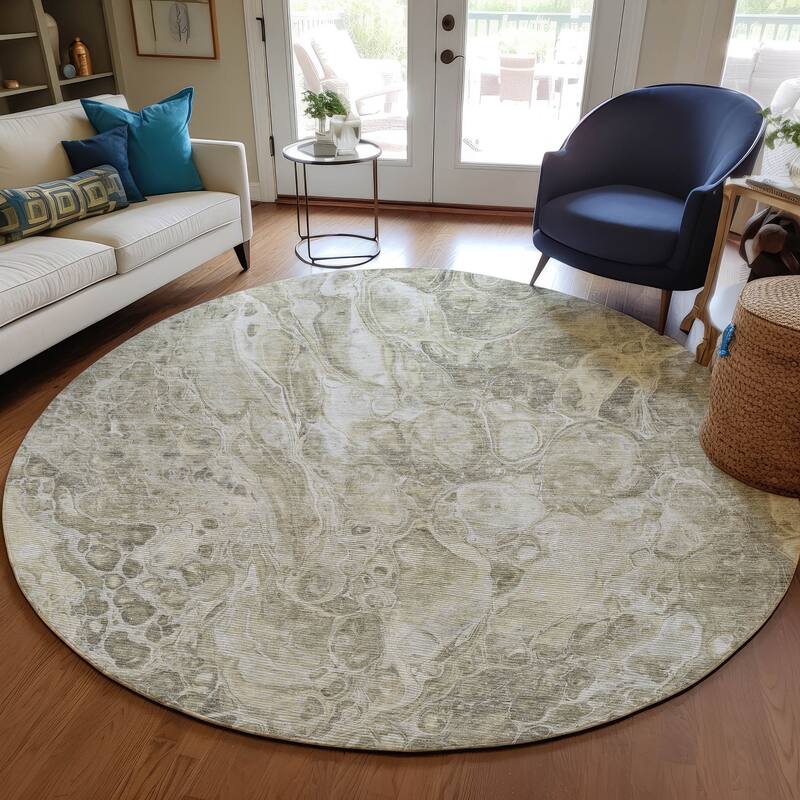 Machine Washable Indoor/ Outdoor Chantille Abstract Watercolor Rug - Tan - 8' x 8'