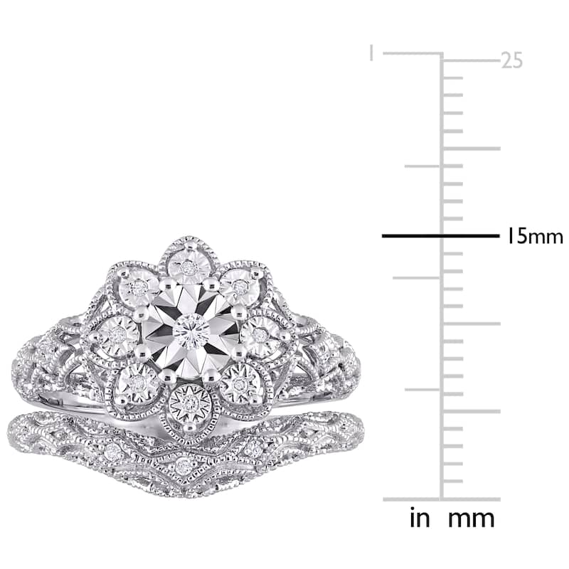 Miadora Sterling Silver 1/10ct TDW Diamond Floral Vintage Bridal Ring Set