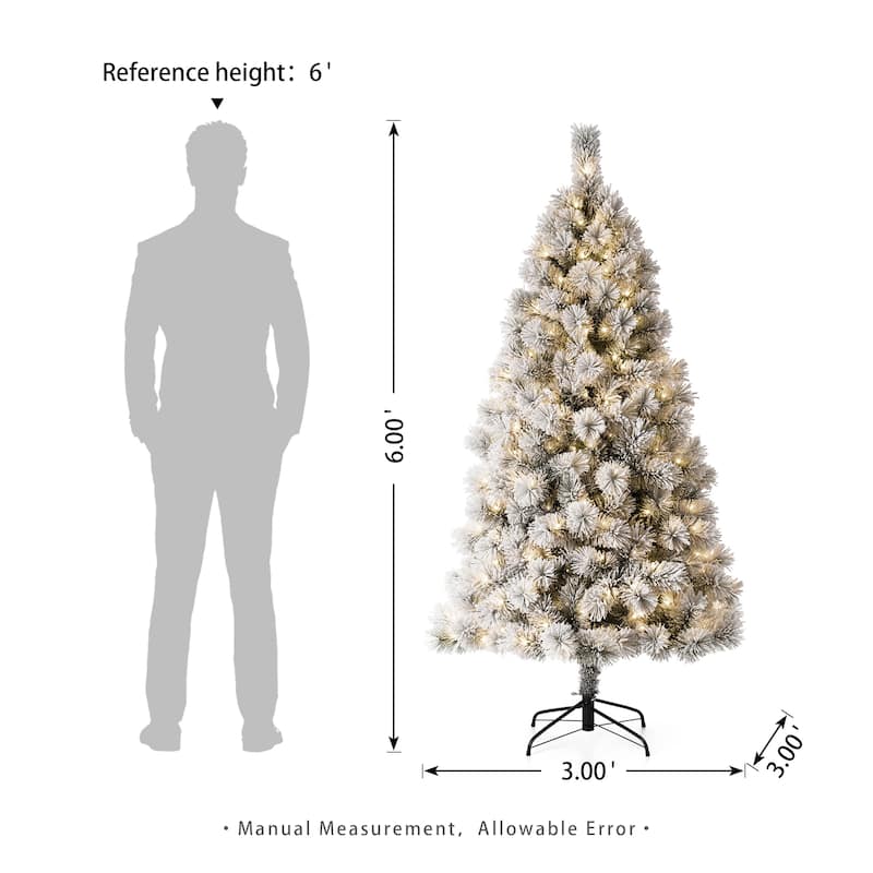 Glitzhome 6ft Pre-Lit Flocked Artificial Pine/Fir Christmas Tree 300 Warm White Lights
