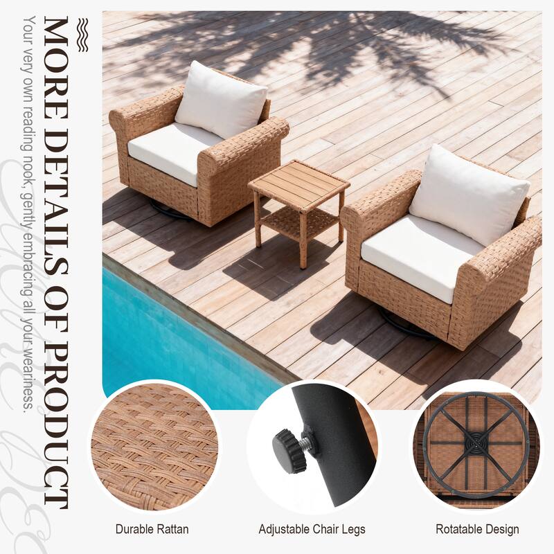 Outdoor 3-Pieces Swivel PE Rattan Patio Conversation Set