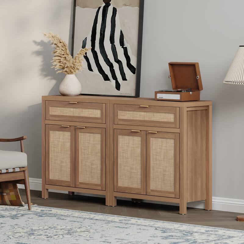 SICOTAS Farmhouse Sideboard Buffet Cabinet Set of 2 with Drawer - N/A - Oak