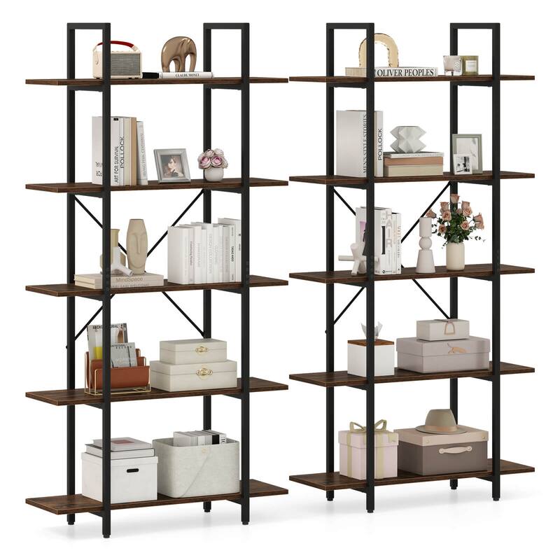 Costway 1/2 PCS 5-Tier Bookshelf 62" Tall Vintage Industrial Bookcase - Rustic Brown + Black - 2 PCS