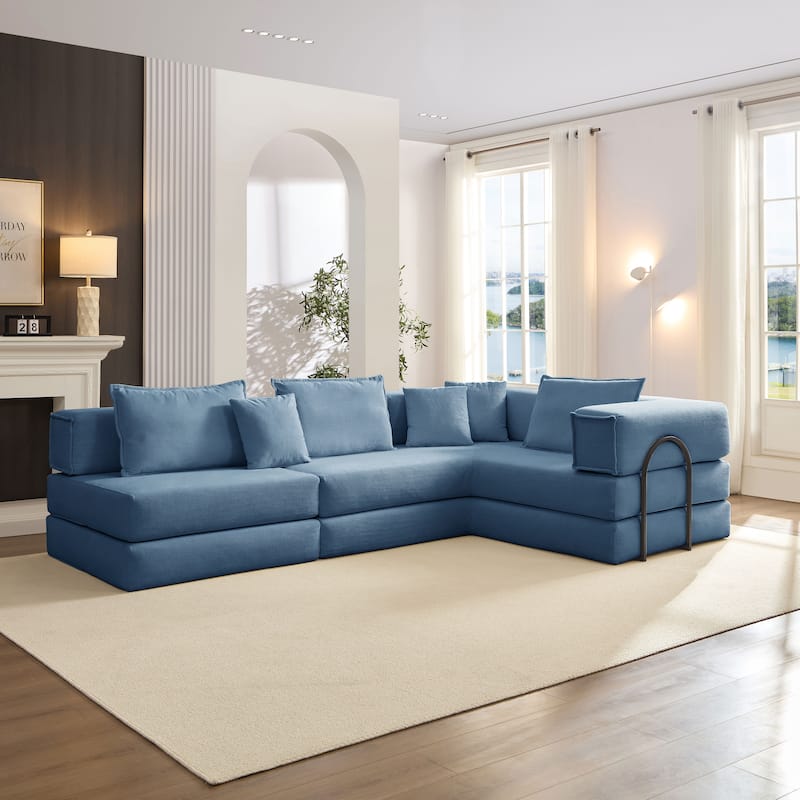 DIY Modular Corduroy L-Shaped Floor Sofa Set with 6 Pillows