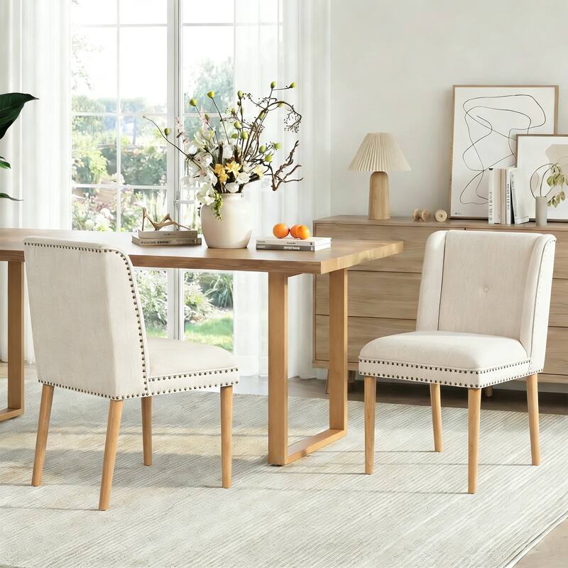 Christopher Knight Home - Light Luxury Upholstered Dining Chair with Rivet Trim & Rubber Wood Legs - Set of 2 - Beige+Natural