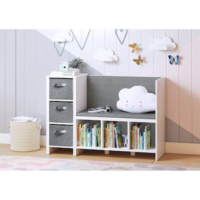 UTEX Kids Bookcase with Reading Nook, 6-Cubby Toy Storage Organizer with Bins,Kids Bookshelf and Storage,White