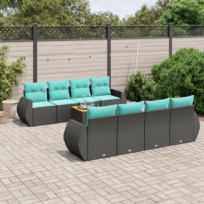 vidaXL 9 Piece Patio Sofa Set with Cushions Black Poly Rattan - 21.7 x 24.4 x 27.2