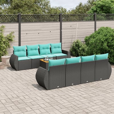 vidaXL 9 Piece Patio Sofa Set with Cushions Black Poly Rattan - 21.7 x 24.4 x 27.2