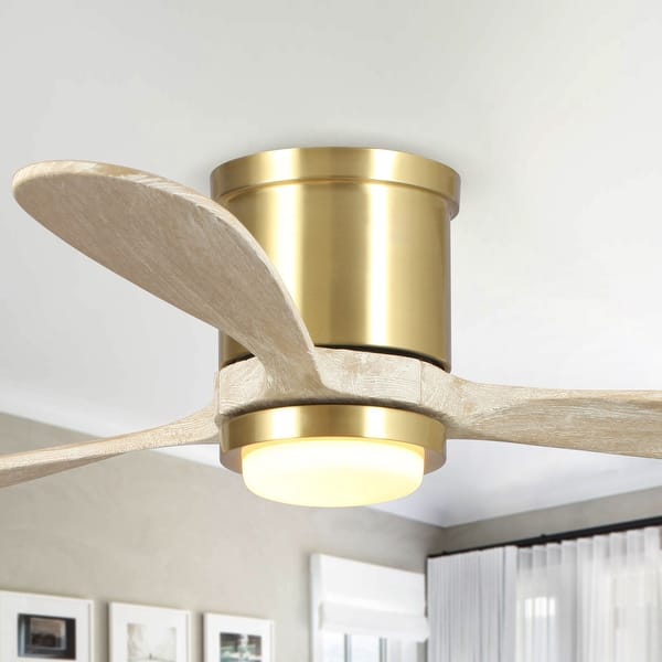slide 2 of 10, Modern Sand Gold Low Profile Flush Mount Ceiling Fan with LED and Remote - 52 Inches