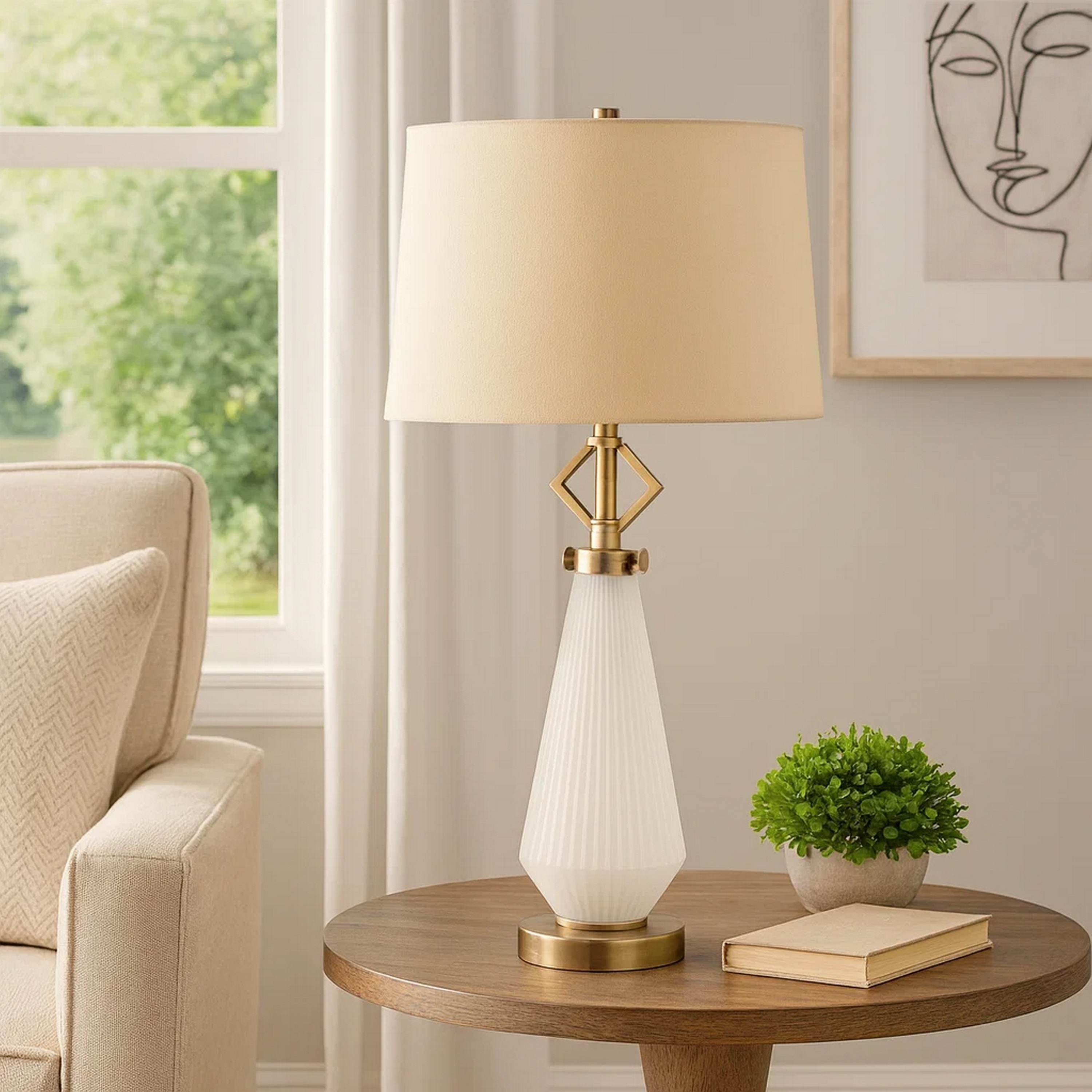 平棚 1680x300x350 Rizo 32 Inch Table Lamp, Tapered Style Frosted Glass Base, Beige