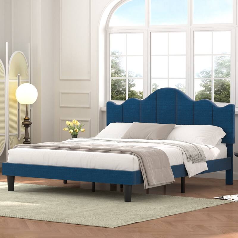 VECELO Modern Upholstered Platform Bed with Adjustable Headboard, Dark Blue/ White/ Grey/ Beige Bed Frames