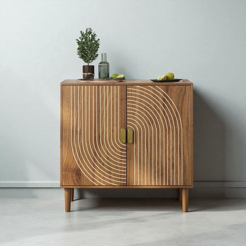Walnut Wood Buffet Cabinet with Line Groove Design, Adjustable Shelves & Large Storage for Dining, Kitchen, Office - Walnut