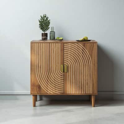 Walnut Wood Buffet Cabinet with Line Groove Design, Adjustable Shelves & Large Storage for Dining, Kitchen, Office