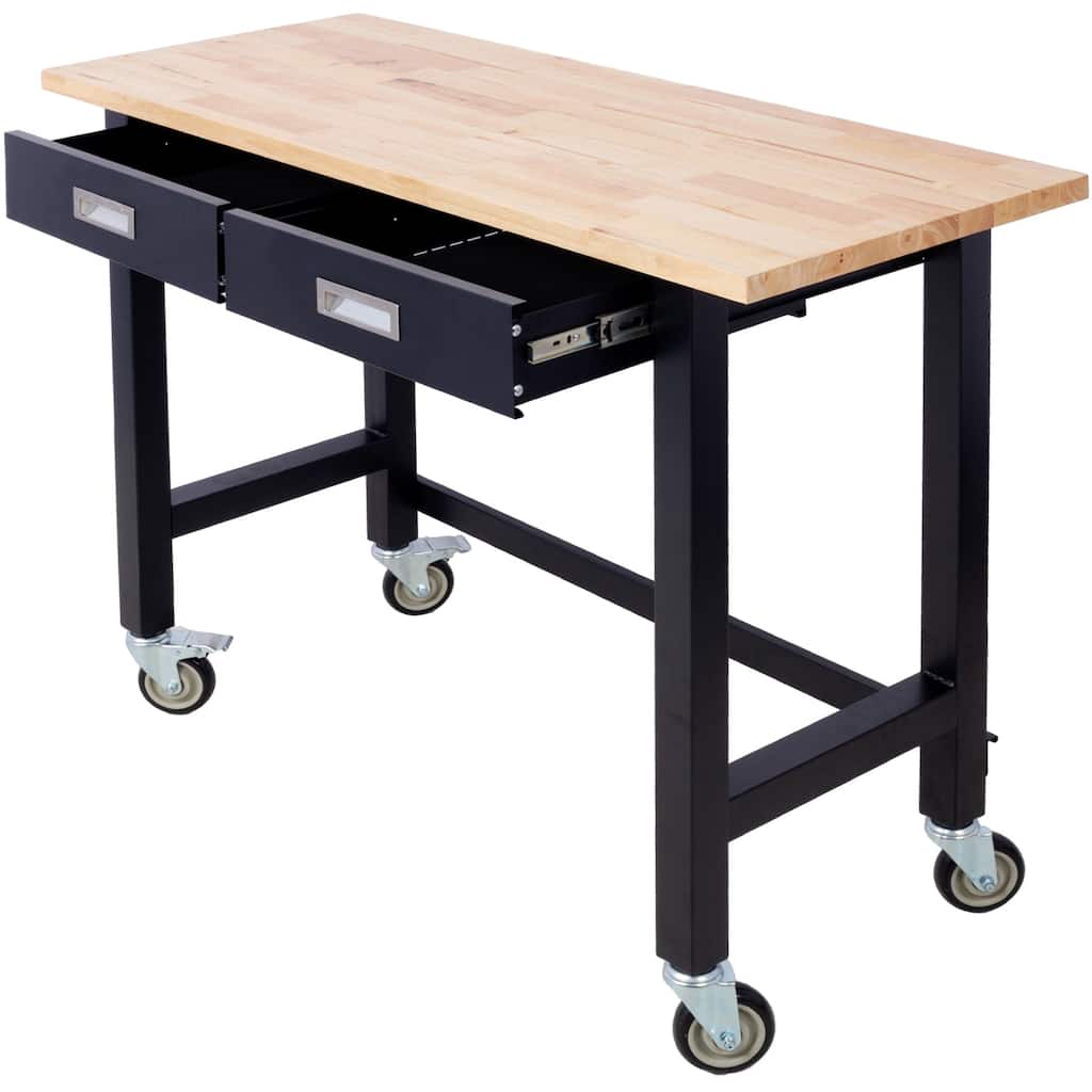 Heavy Duty 48-Inch Mobile Workbench with Solid Wood Top and Storage Drawers for Garage Home Office