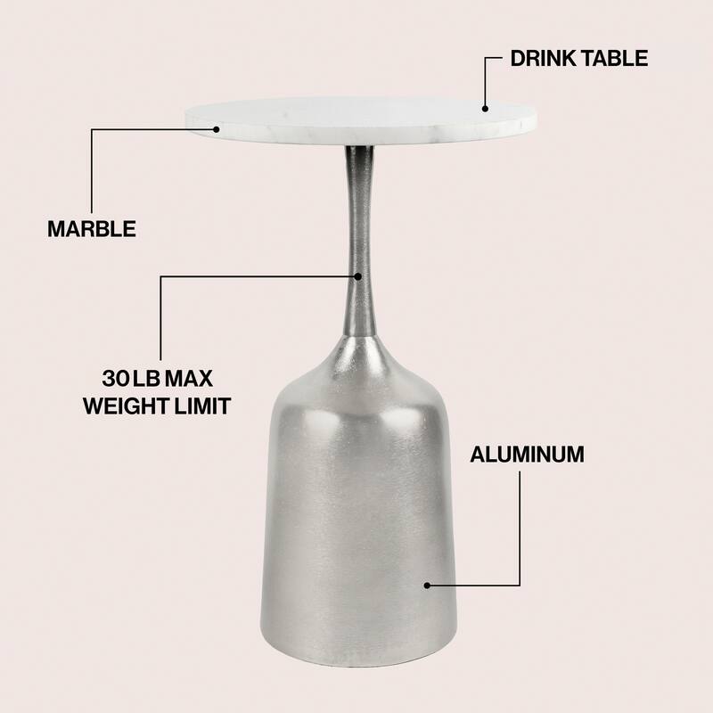 Pip 20.25″ Metal Drink, End Table w/ White Marble Round Top & Bell Pedestal Base, By JONATHAN Y