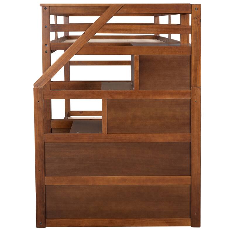 Kids Twin Ove Twin Bunk Bed with Pull-Out Trundle and 3 Storage Stairs, Safety Guardrails and Armrest