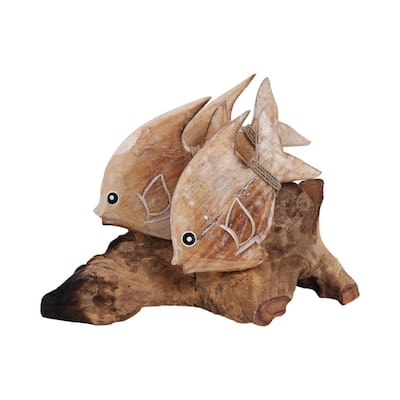Wood Hand-Carved Fish Figurine Coastal Finish (Set of 2) - 9" Brown - 14" x 7.5" x 8.75"