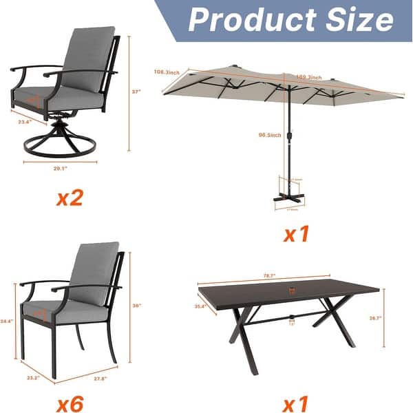 dimension image slide 1 of 3, Kullavik 10 Pieces Outdoor Dining Set with 2 Swivel Chairs, 6 Single Chairs, X-Leg Table and Double-Sided Umbrella