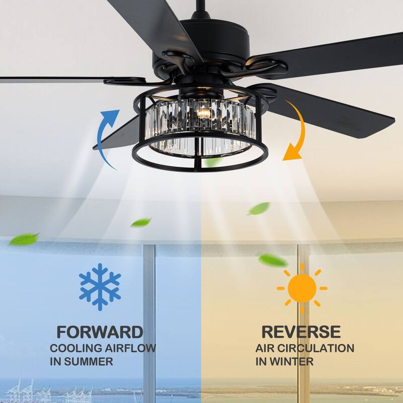 Oaks Aura 52in.Black Modern Glam Crystal Ceiling Fan with Lights,6-speed Reversible Crystal Fan Lights with Remote - 52