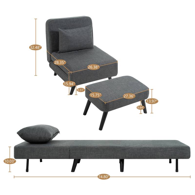 3 in 1 Foldable Linen Chaise Lounge with Adjustable Backrest, Footrest & Detachable Pillow, Convertible Chair Bed, Accent Chair