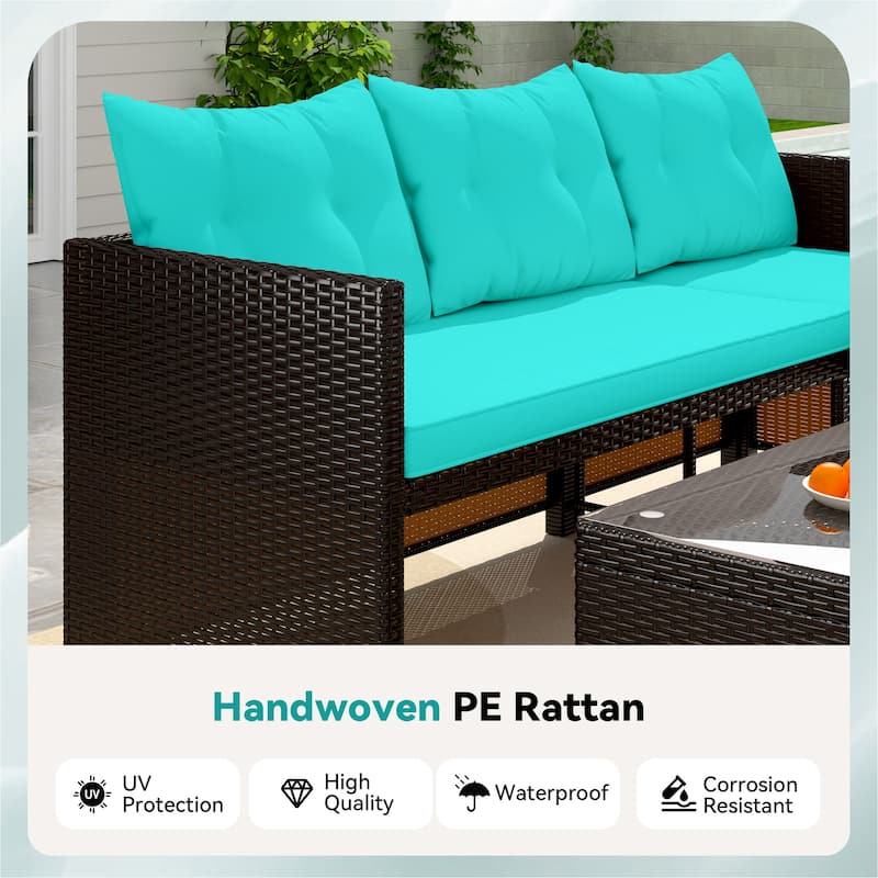 EROMMY 3-Piece Outdoor Patio Furniture Set, All-Weather PE Rattan Sofa Set with Glass Table & Cushions, Perfect for Balcony