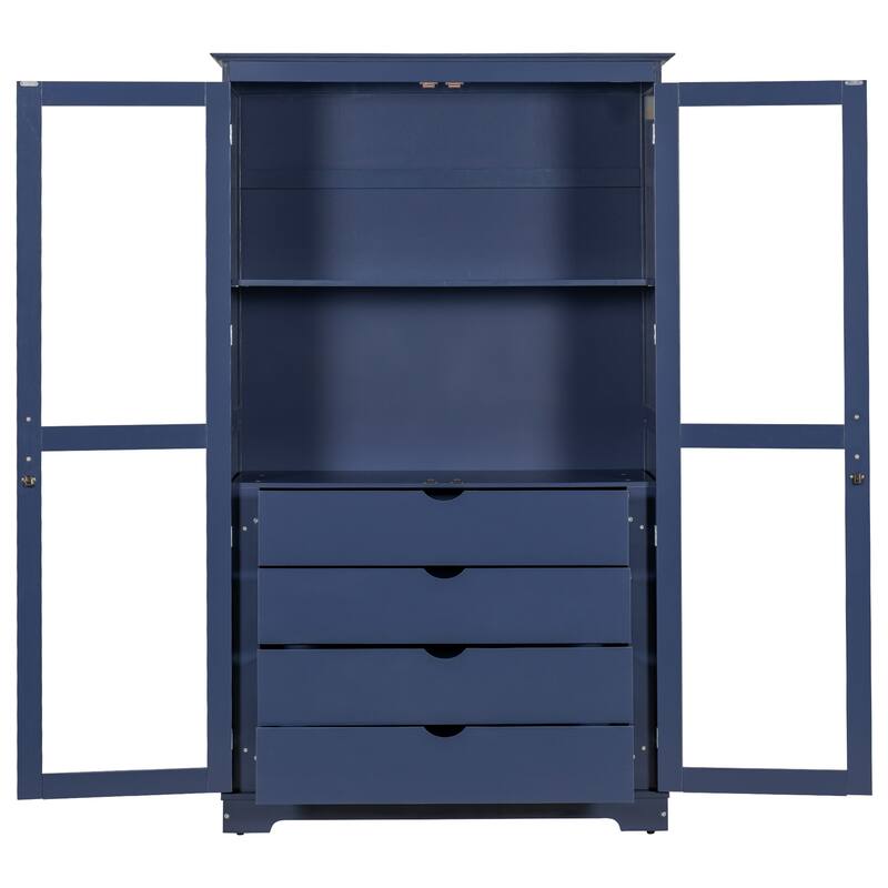 Pantry Cabinet with Glass Door, 2 Shelves & 4 Built-in Drawers, Kitchen Pantry Storage Cabinet, Freestanding Kitchen Cupboard